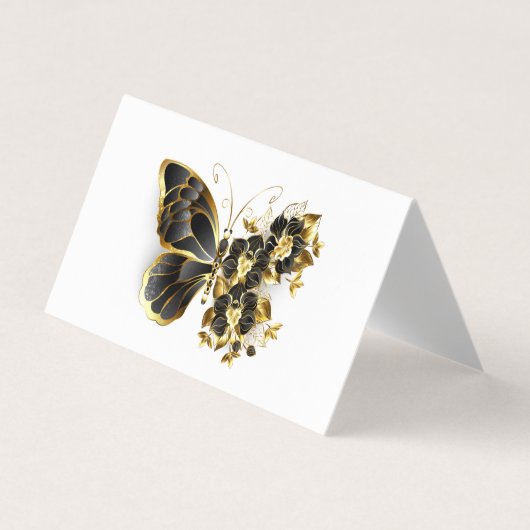 Carte De Visite Papillon à fleurs d'or avec orchidée noire (Devant)