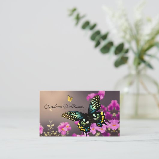 Carte De Visite Papillon à queue épaisse et fleurs roses (Debout devant)