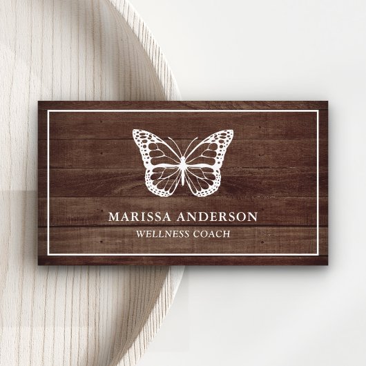 Carte De Visite Papillon blanc élégant en bois rustique