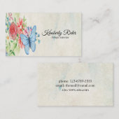 Carte De Visite Papillon bleu romantique à fleurs rouges (Devant / Derrière)