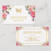 Carte De Visite Papillon chic/aquarelle rose florale (Devant / Derrière)