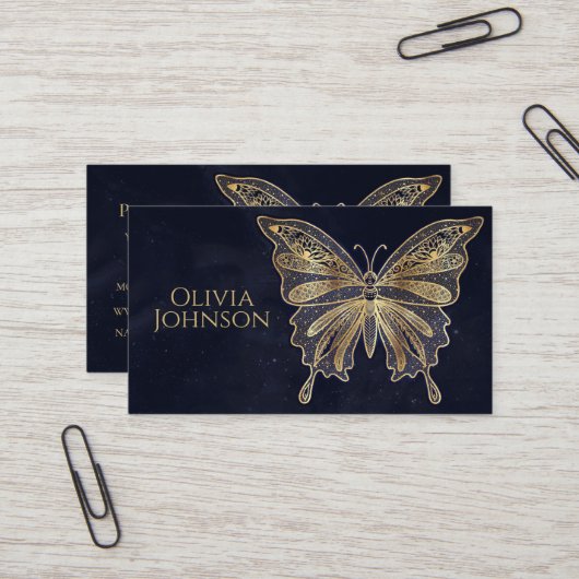 Carte De Visite Papillon d'or esthétique céleste (Devant/Arrière en situation)