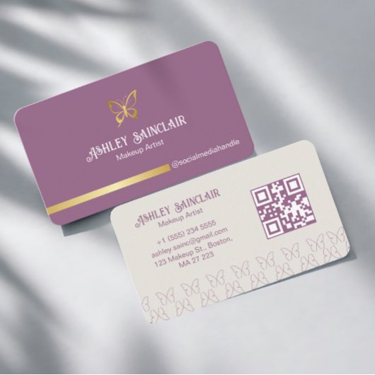 Carte De Visite Papillon doré girly Code QR Maquilleuse Violet