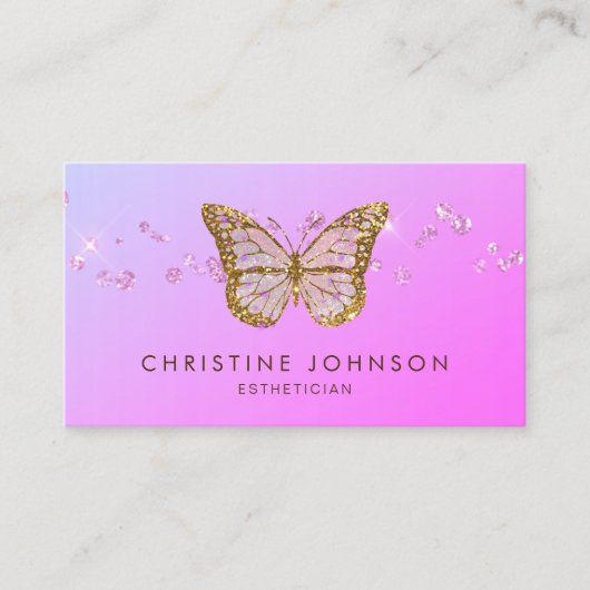 Carte De Visite papillon en feuille d'or faux sur dégradé violet (Devant)