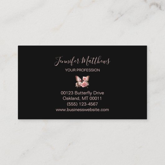 Carte De Visite Papillon floral élégant Script noir (Dos)
