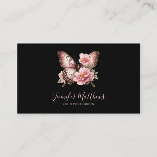 Carte De Visite Papillon floral élégant Script noir (Devant)