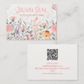 Carte De Visite Papillon floral rose et vert avec QR (Devant / Derrière)