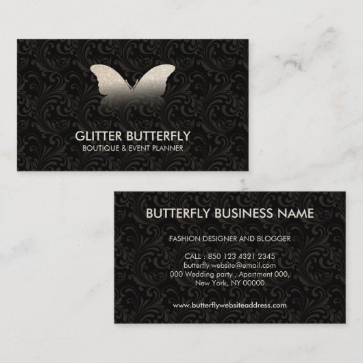 Carte De Visite Papillon Glittter Gold Damask (Devant / Derrière)