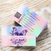 Carte De Visite Papillon holographique violet code QR médias socia