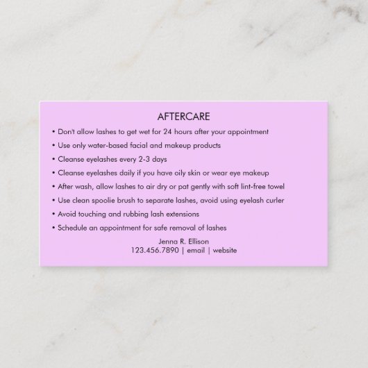 Carte De Visite Papillon Lash Lilac Purple Instruction de suivi (Dos)