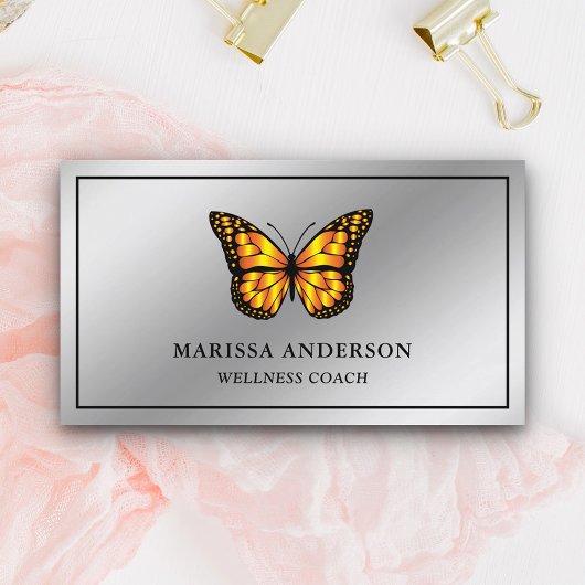 Carte De Visite Papillon Monarch Orange Élégant Feuille d'Argent