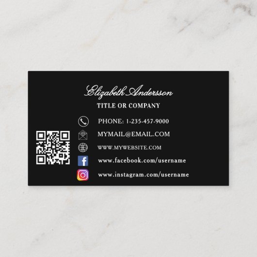 Carte De Visite Papillon noir argent QR code élégant script (Dos)