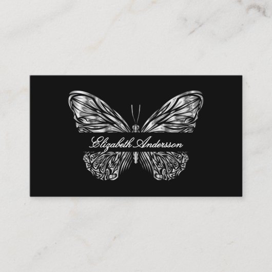 Carte De Visite Papillon noir argent QR code élégant script (Devant)
