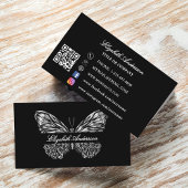 Carte De Visite Papillon noir argent QR code élégant script