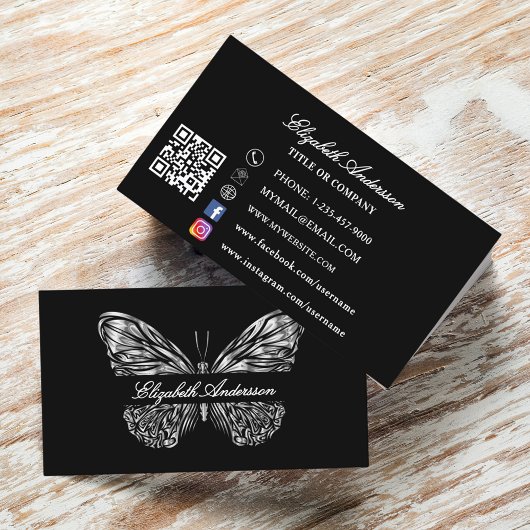 Carte De Visite Papillon noir argent QR code élégant script