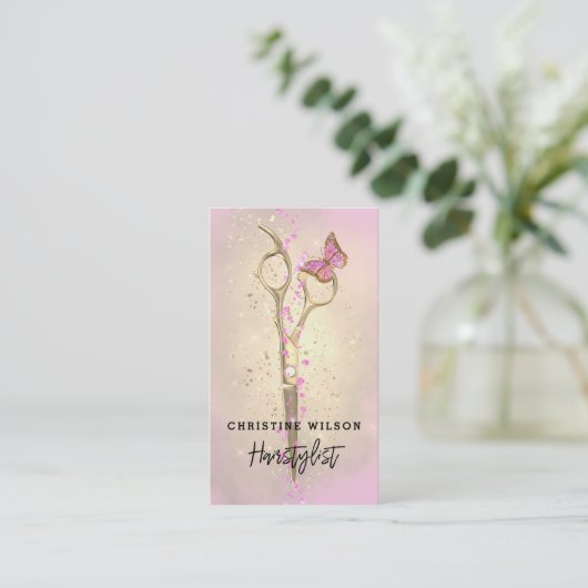 Carte De Visite papillon rose ciseaux (Debout devant)