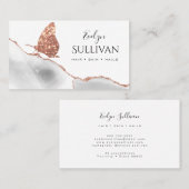 Carte De Visite papillon rose en or et agate blanche (Devant / Derrière)