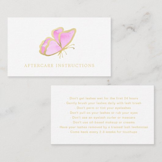 Carte De Visite Papillon rose Or Lash Instructions (Devant / Derrière)