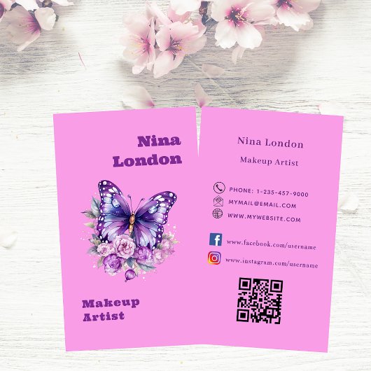 Carte De Visite Papillon rose violet Qr logo des médias sociaux