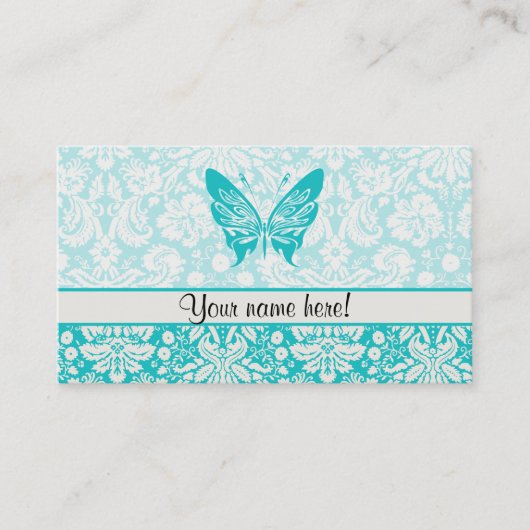 Carte De Visite Papillon turquoise ; Motif Damas (Devant)