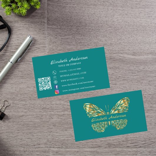 Carte De Visite Papillon turquoise or vert QR code élégant