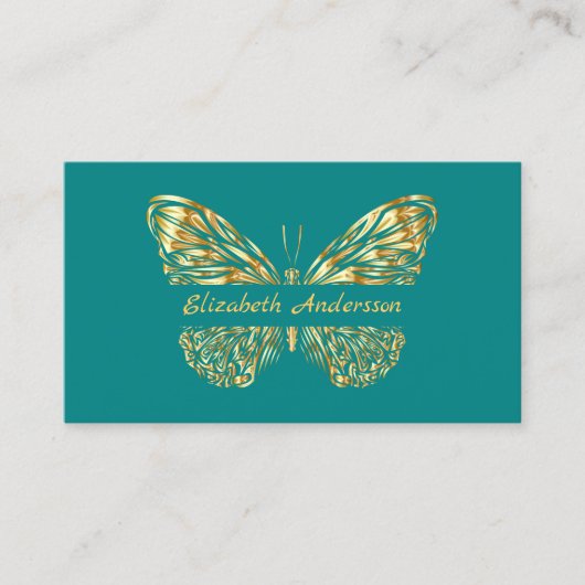 Carte De Visite Papillon turquoise or vert QR code élégant (Devant)