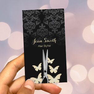 Carte De Visite Papillons dorés modernes Dark Damask Hair Styliste