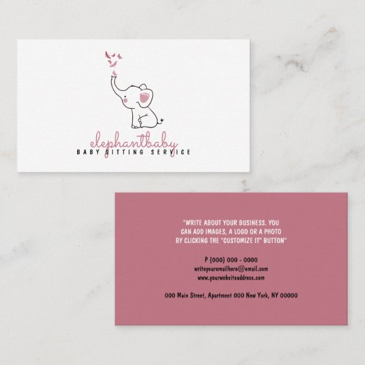 Carte De Visite Papillons éléphants rose (Devant / Derrière)