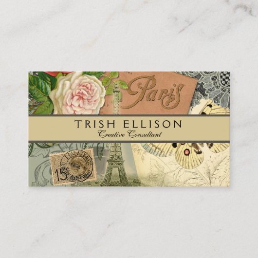 Carte De Visite Paris France Art Antique Collage Eiffel Français (Devant)