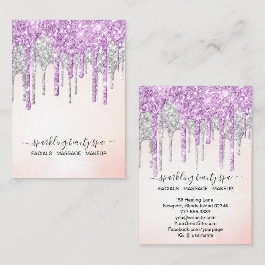 Carte De Visite *~* PARTIES SCINTILLANT à goutte MAGENTA en ARGENT (Devant / Derrière)