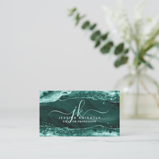 Carte De Visite Parties scintillant Agate Turquoise Monogramme Scr (Debout devant)