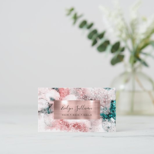 Carte De Visite Parties scintillant aquarelle rose feuille or cart (Debout devant)