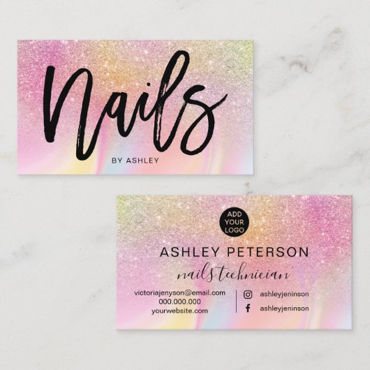 Carte De Visite parties scintillant arc-en-ciel rose clic Nails ma (Devant / Derrière)