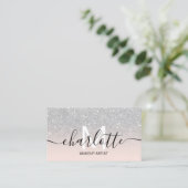 Carte De Visite Parties scintillant argent chic ombre rose nom maq (Debout devant)