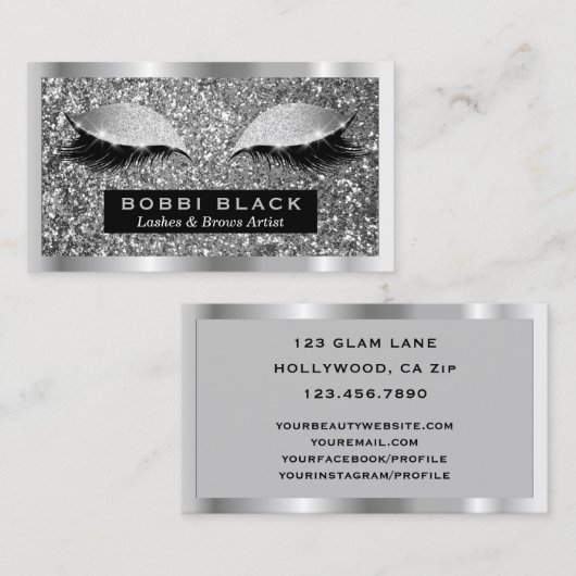 Carte De Visite Parties scintillant Argent Eyelash Extensions Maqu (Devant / Derrière)