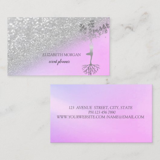 Carte De Visite Parties scintillant Argent moderne Bokeh Tree femm (Devant / Derrière)