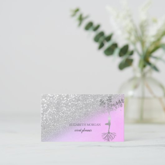 Carte De Visite Parties scintillant Argent moderne Bokeh Tree femm (Debout devant)