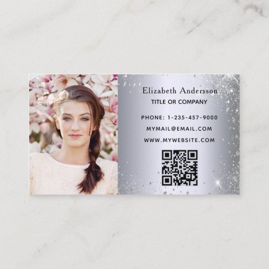 Carte De Visite Parties scintillant argent papillon qr code photo (Dos)
