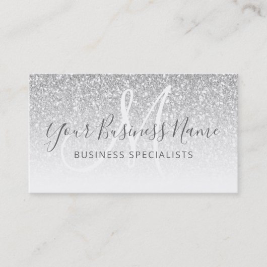 Carte De Visite Parties scintillant Argent Script Business Logo Mo (Devant)