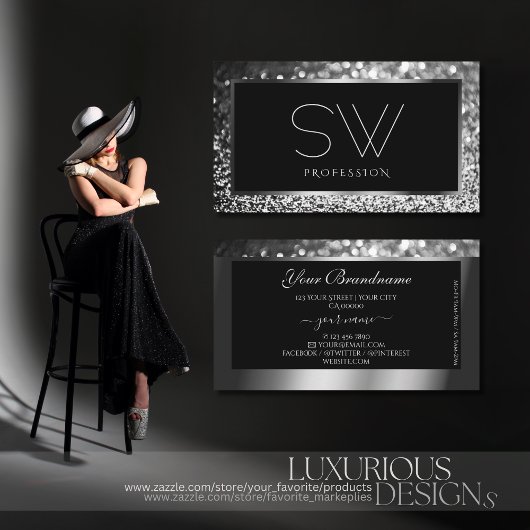 Carte De Visite Parties scintillant argentée brillante Monogramme 