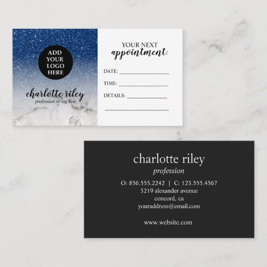 Carte De Visite Parties scintillant bleue blanc Marbre Cursive Ajo (Devant / Derrière)