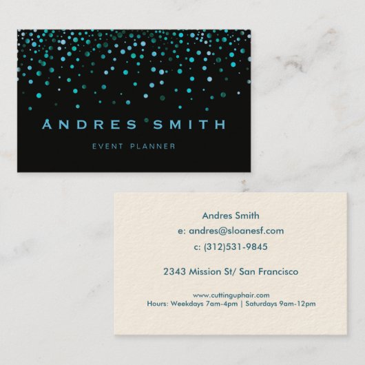 Carte De Visite Parties scintillant bleue Faux Foil Confetti Noir (Devant / Derrière)