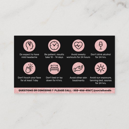 Carte De Visite Parties scintillant Botox Rose Instruction de remp (Dos)