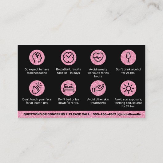 Carte De Visite Parties scintillant Botox Rose Instruction de remp (Dos)