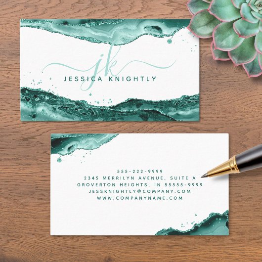 Carte De Visite Parties scintillant d'Agate Turquoise Script