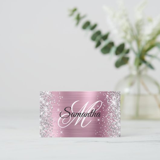 Carte De Visite Parties scintillant d'argent Pink Foil Monogramme (Debout devant)