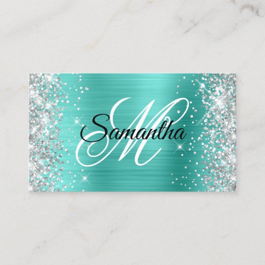 Carte De Visite Parties scintillant d'argent Turquoise Foil Fancy  (Devant)