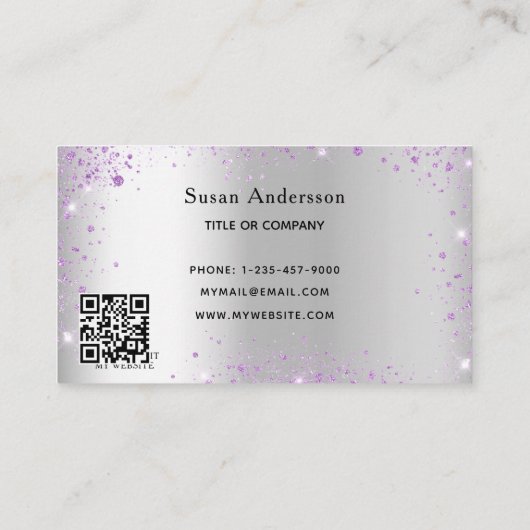 Carte De Visite Parties scintillant de code QR de lavande d'argent (Dos)