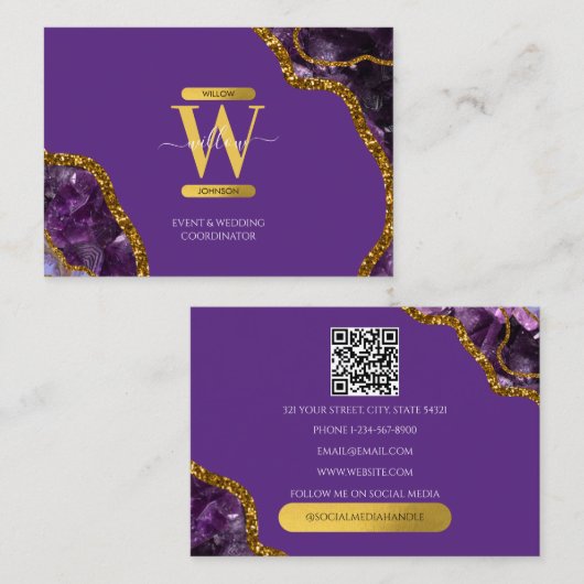 Carte De Visite Parties scintillant de l'agate d'or violet Code QR (Devant / Derrière)