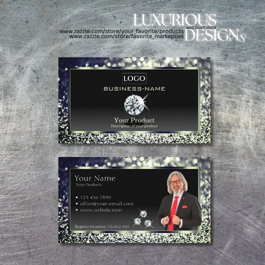 Carte De Visite Parties scintillant de luxe en bleu noir avec logo